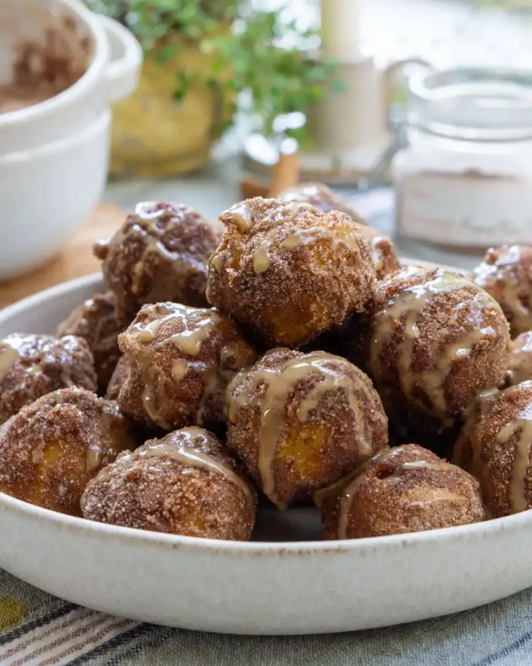 Donut holes covered in cinnamon sugar and a glaze piled onto a plate.