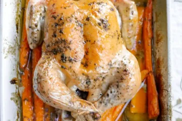 A baking pan with roasted carrots and onions with a roasted whole chicken on top of the carrots.