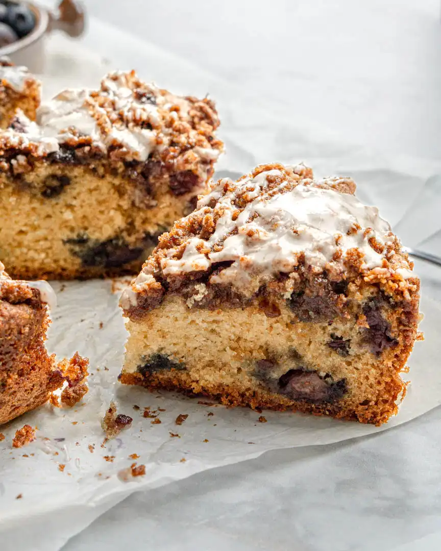 A slice of blueberry streusel coffee cake.