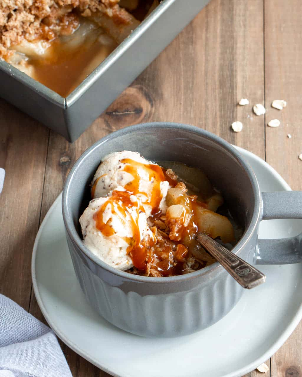 Pear Crisp with Ice Cream and Caramel Sauce