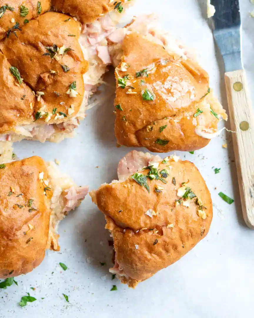 gluten-free mozzarella and prosciutto sliders pulled apart