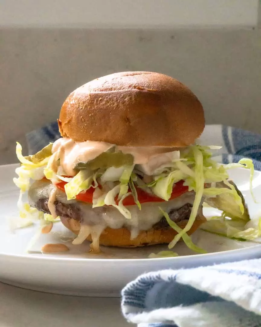 Burger with toppings on a plate