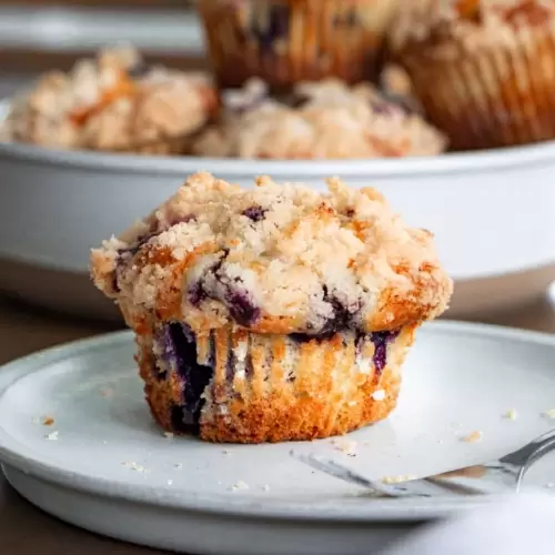 Blueberry muffin on a plate with a fork next to it. A plate of blueberry muffins stacked in the background.