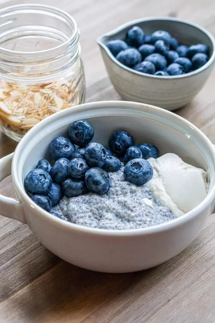 A bowl of chia pudding with fresh blueberries.