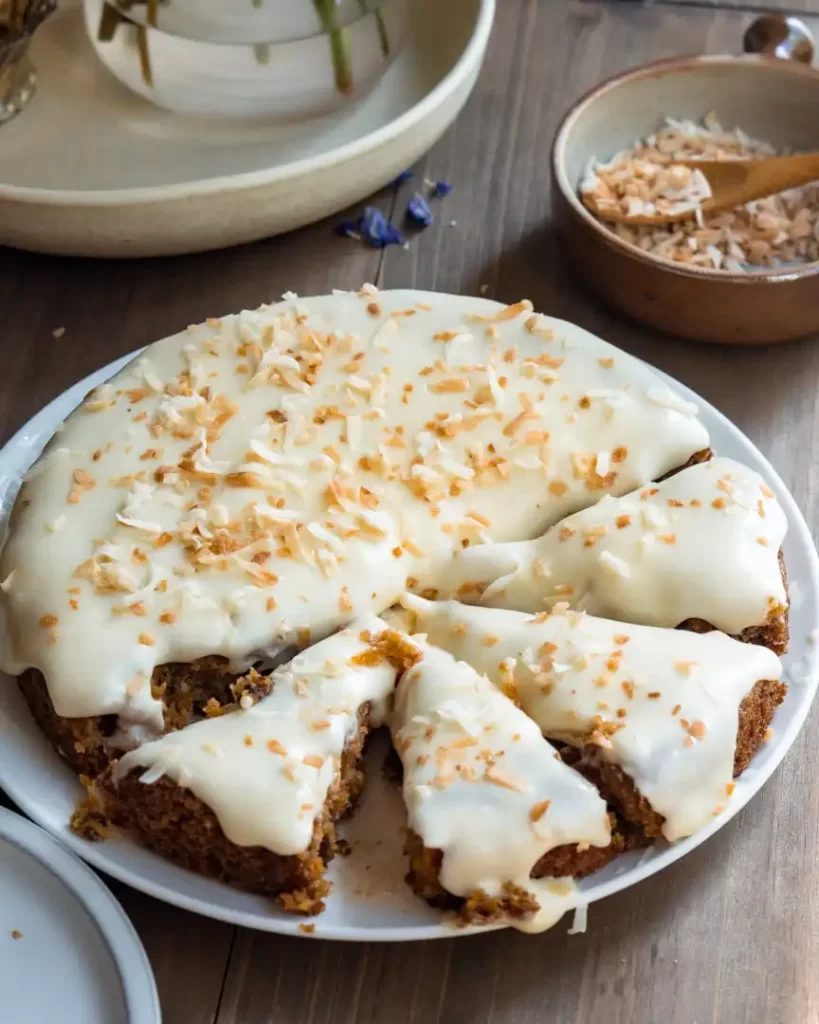 One layer gluten-free carrot cake with some cake sliced and ready to be served.