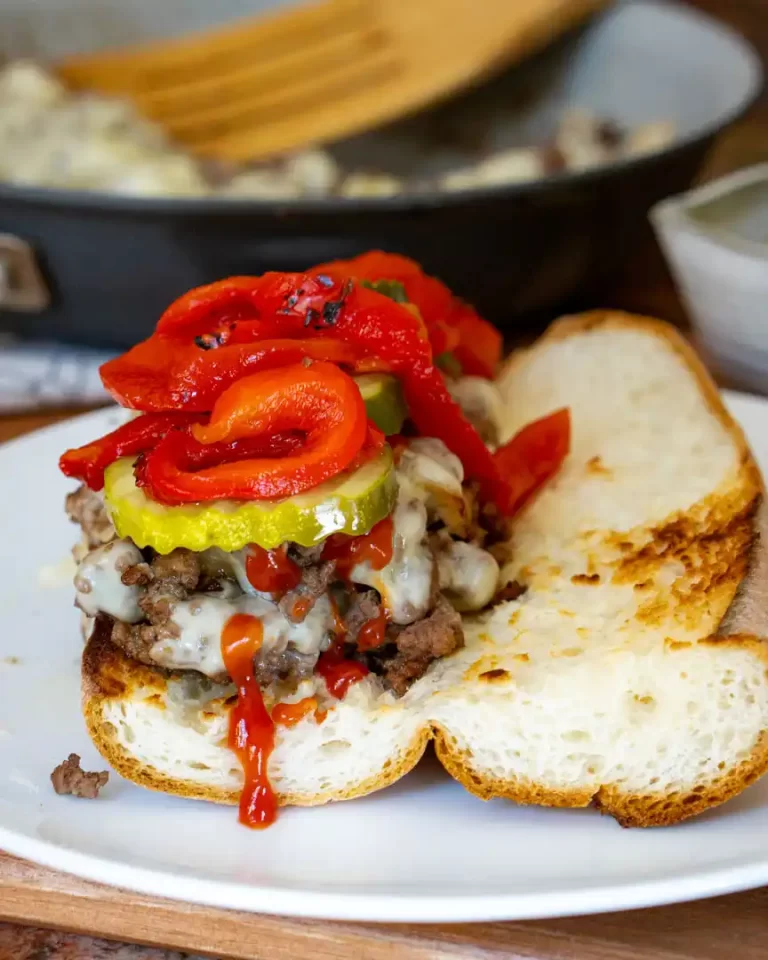 Open faced ground beef sandwich with melted cheese, ketchup, pickles, and roasted red peppers on top of it.