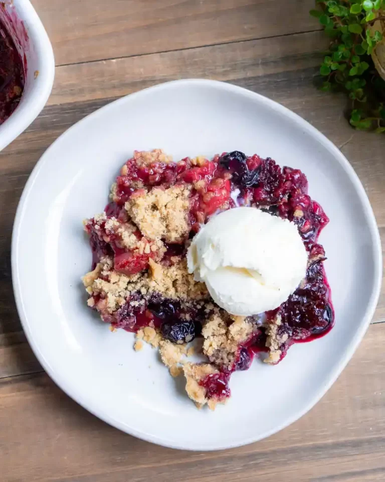 A small plate filled with mixed berry crumble and topped with vanilla ice cream.