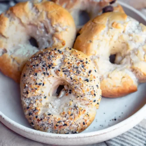 A plate of assorted high protein bagels.