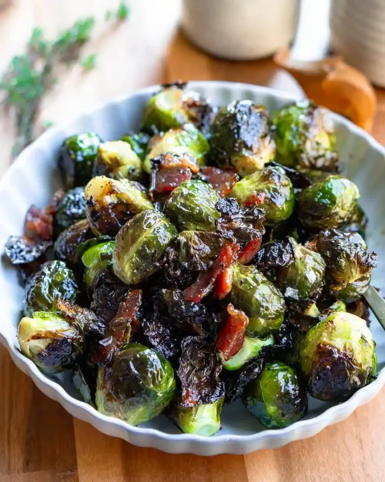 Roasted bacon and brussels sprouts in a scalloped bowl