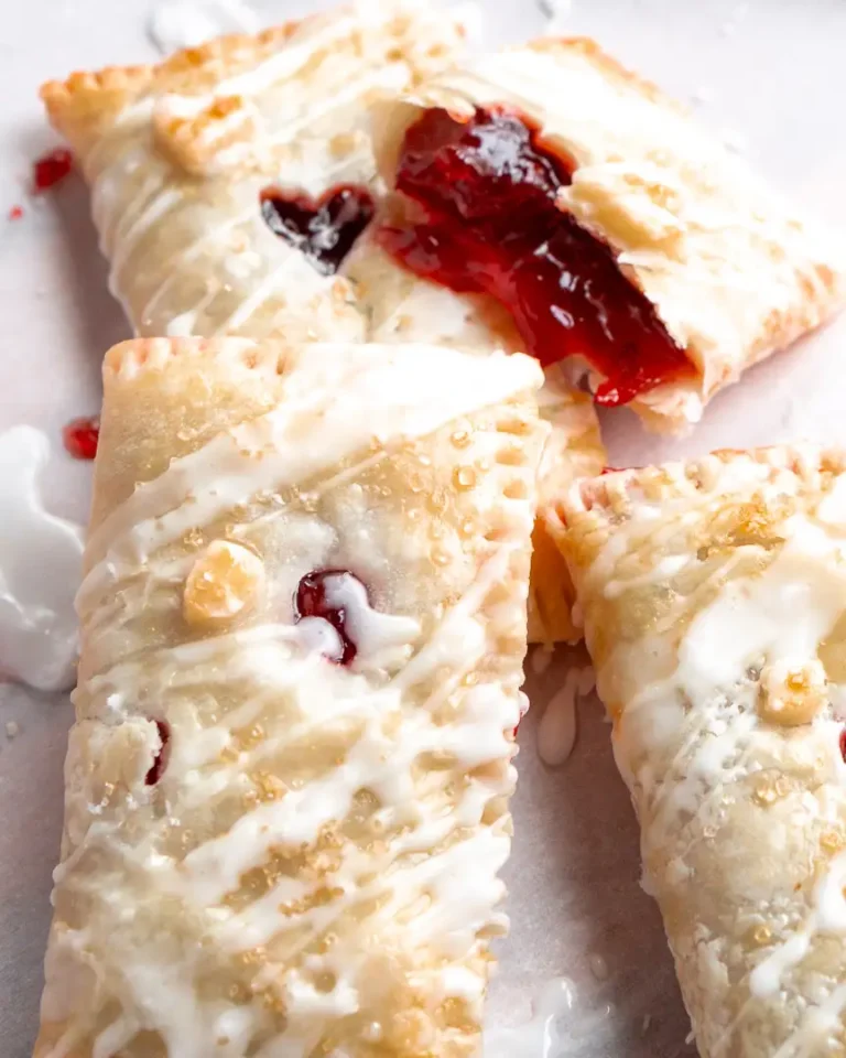 Cherry Turnovers piled on top of each other. There is one turnover broken in half so you can see the cherry filling.