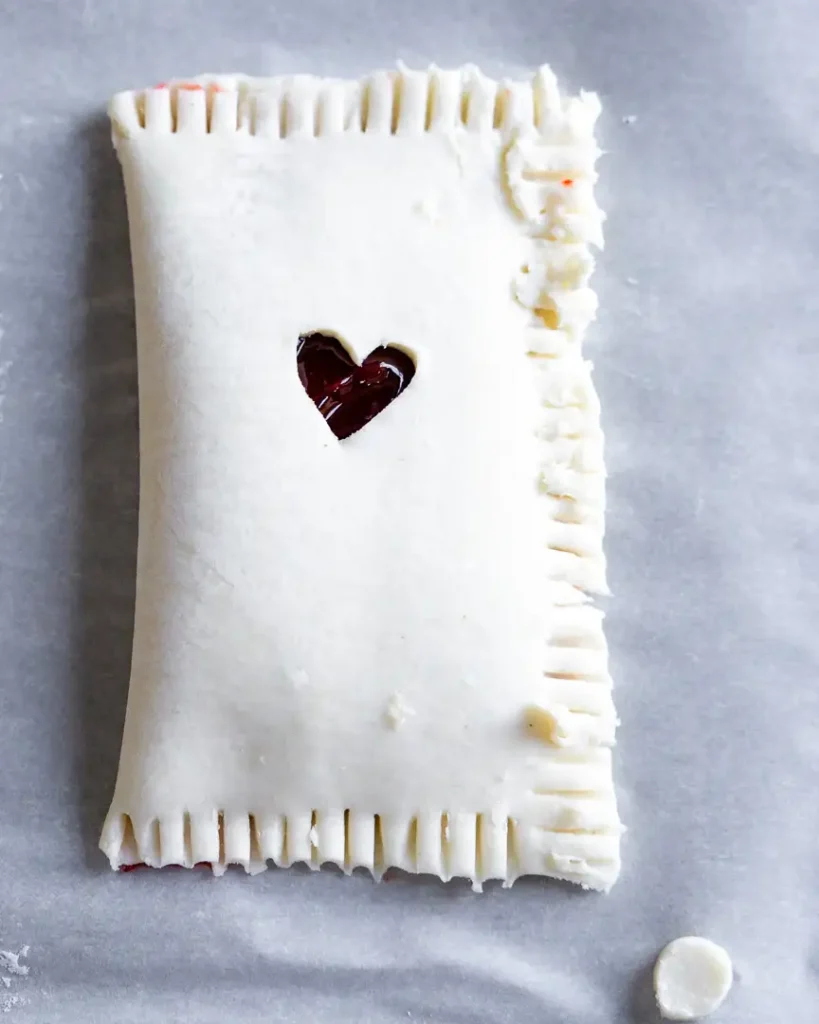 An unbaked cherry turnover with a heart cut out of the middle.