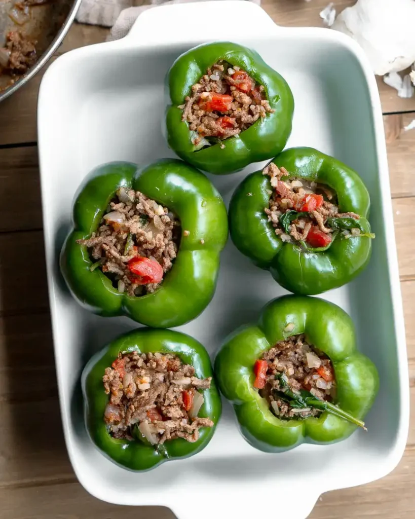 Stuffed bell peppers on a baking pan